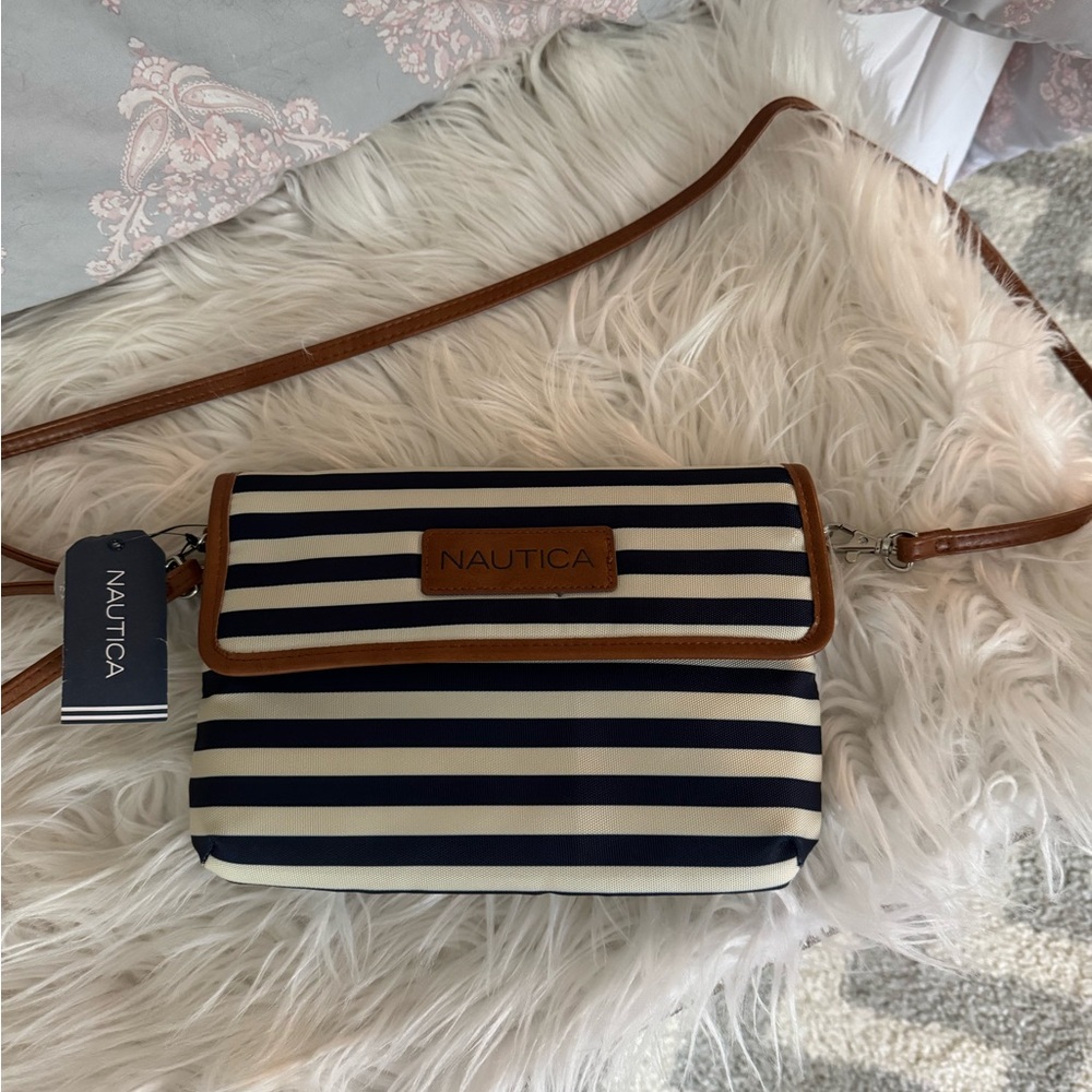 Nautica Blue and White Striped Crossbody Bag with Nautical Design
